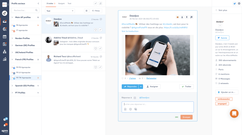 Agorapulse centralise tes réseaux sociaux afin d'optimiser ta présence sur ces derniers.